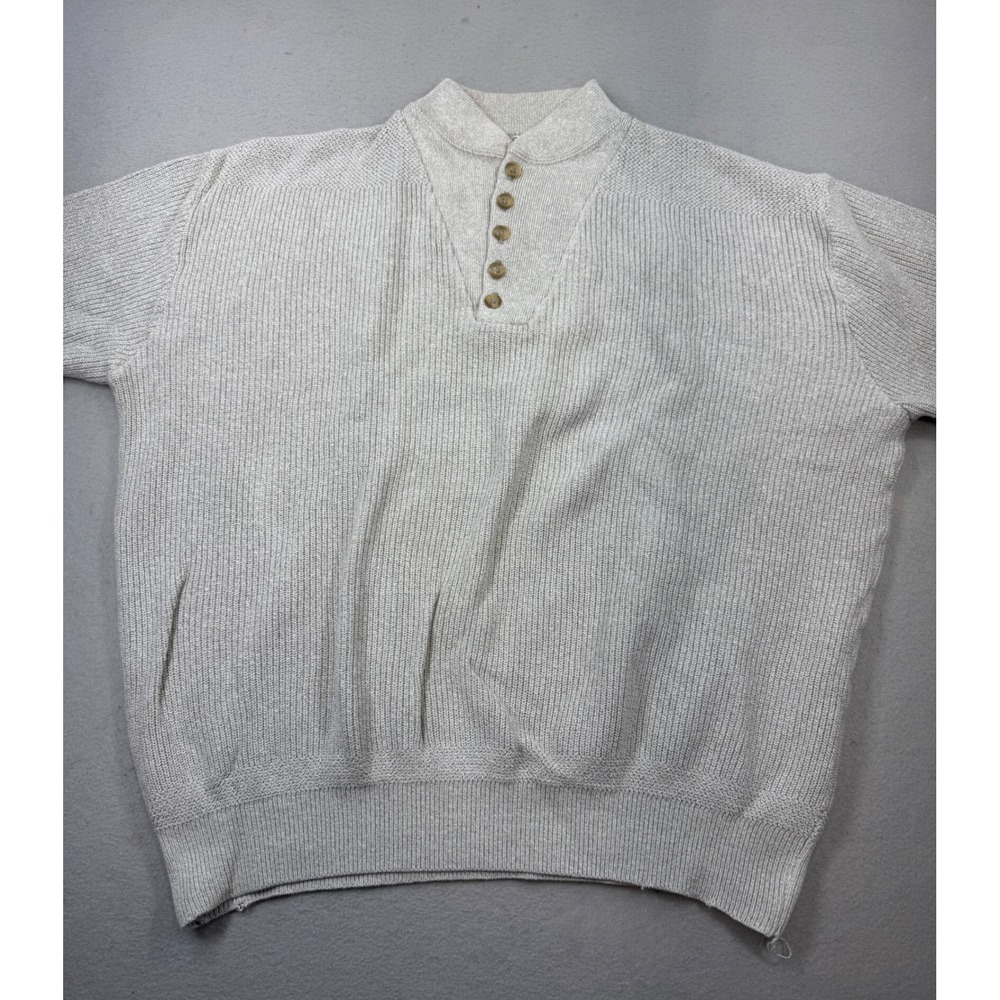 Vintage LL Bean Mens 2XL Gray Cotton Henley Sweater Made in USA Ribbed Knit